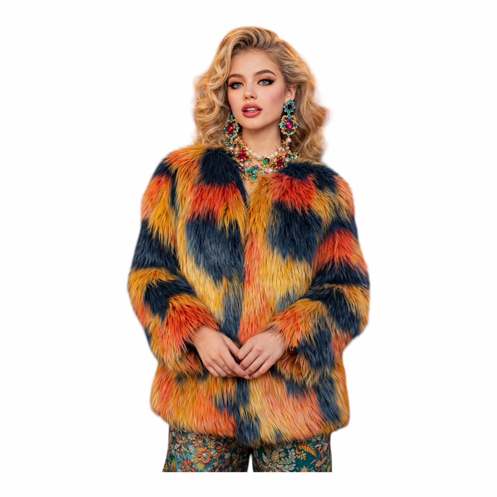 Donna‎ Salyers Fabulous Furs Bold Maximalist Multicolor Faux Fur Jacket Size M